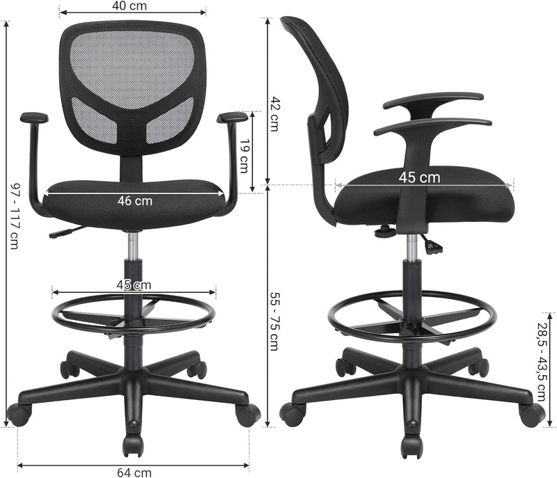 Hoge bureaustoel, Ergonomische bureaustoel met armleuningen, zithoogte 55-75 cm, hoge draaistoel met verstelbare voetring,verstelbare hoogte bureaustoel met wielen  (Zwart)
