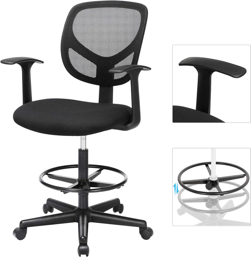 Hoge bureaustoel, Ergonomische bureaustoel met armleuningen, zithoogte 55-75 cm, hoge draaistoel met verstelbare voetring,verstelbare hoogte bureaustoel met wielen  (Zwart)