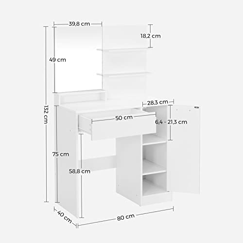 kaptafel met spiegel, make up tafel met opbergvak, 1 lade, 2 legplanken, wit RDT119W01