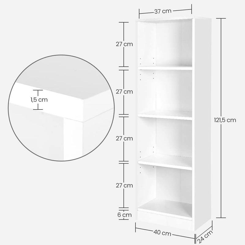 Boekenkast, staand, met 4 vakken, in hoogte verstelbare planken,  40 x 24 x 121,5 cm, wit