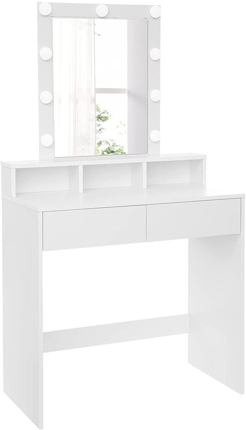 kaptafel make up tafel met spiegel en gloeilampen, cosmetische tafel met 2 lades en 3 open vakken, 80 x 40 x 145 cm wit RDT114W01