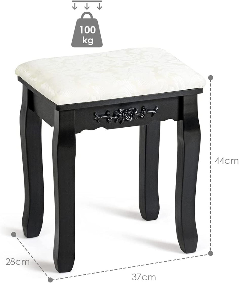 Houten kruk voor make-up, kaptafel stoel, make-up kruk met zacht gevoerde zitting, mooie patronen en delicaat houtsnijwerk, massief houten poten, 100 kg gewichtscapaciteit (Zwart)