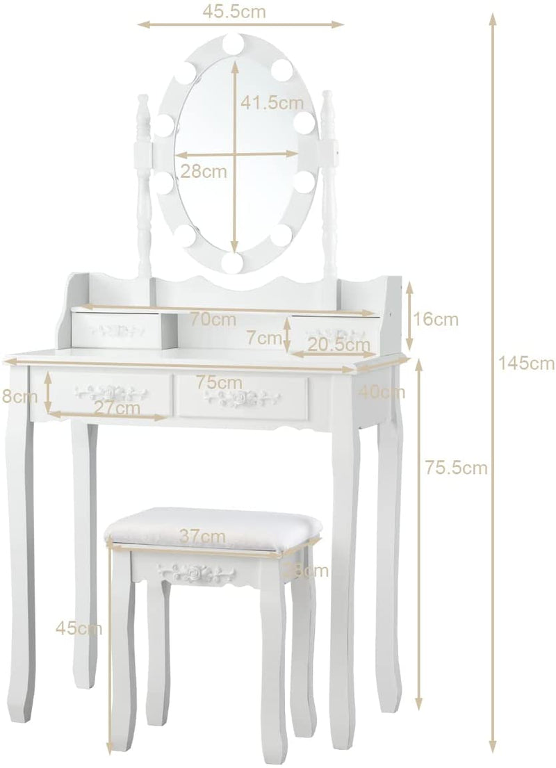 Kaptafel met 10 LED lampjes, make-up tafel met verlichte, 4 lades, kruk, massief houten poten,, make-up kaptafel (Wit)