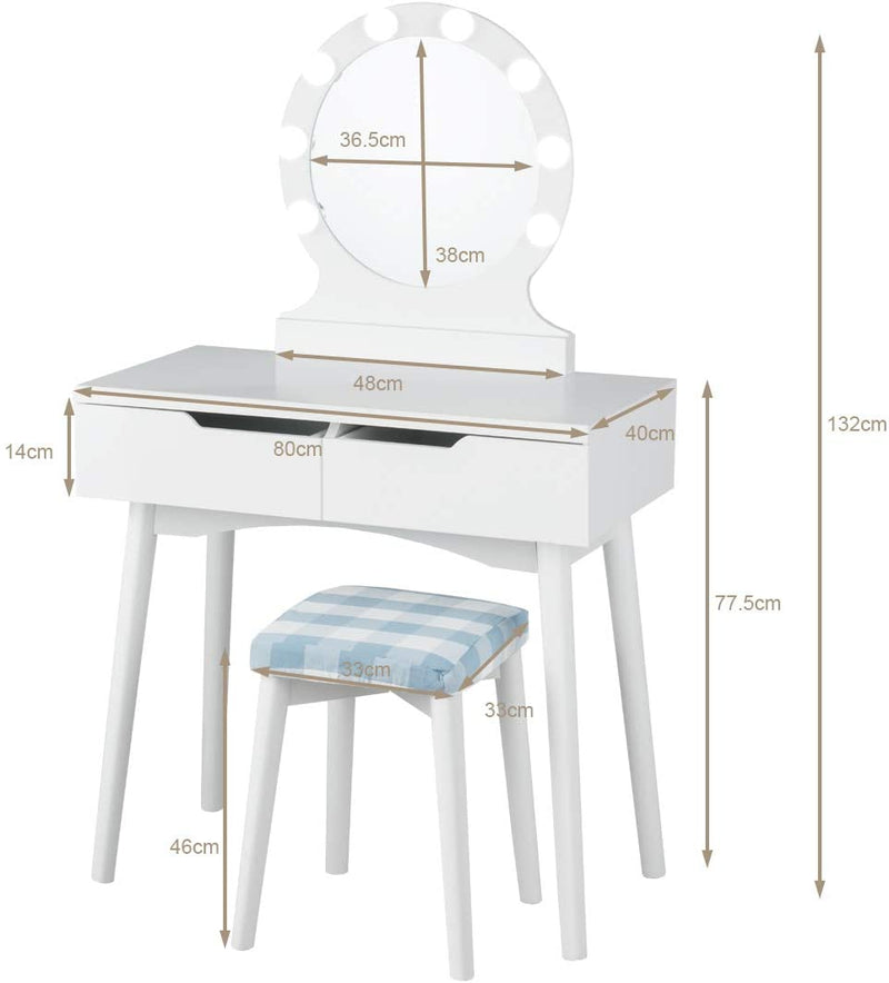 Kaptafel met 8 LED-lampen en aanraakschakelaar regelbare helderheid, kaptafel met spiegel, make-up tafel met 2 schuifladen, grote ronde spiegel, gedempte kruk, voor slaapkamer (Wit)