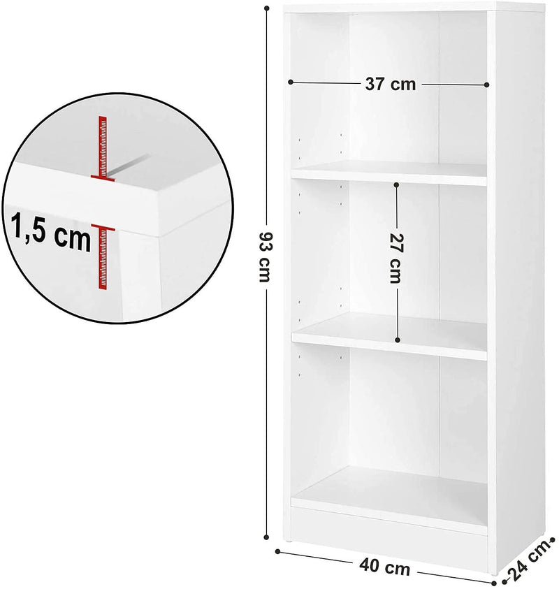 Boekenkast met 3 vakken, verstelbare planken, wit , 40 x 93 x 24 cm (B x H x D)