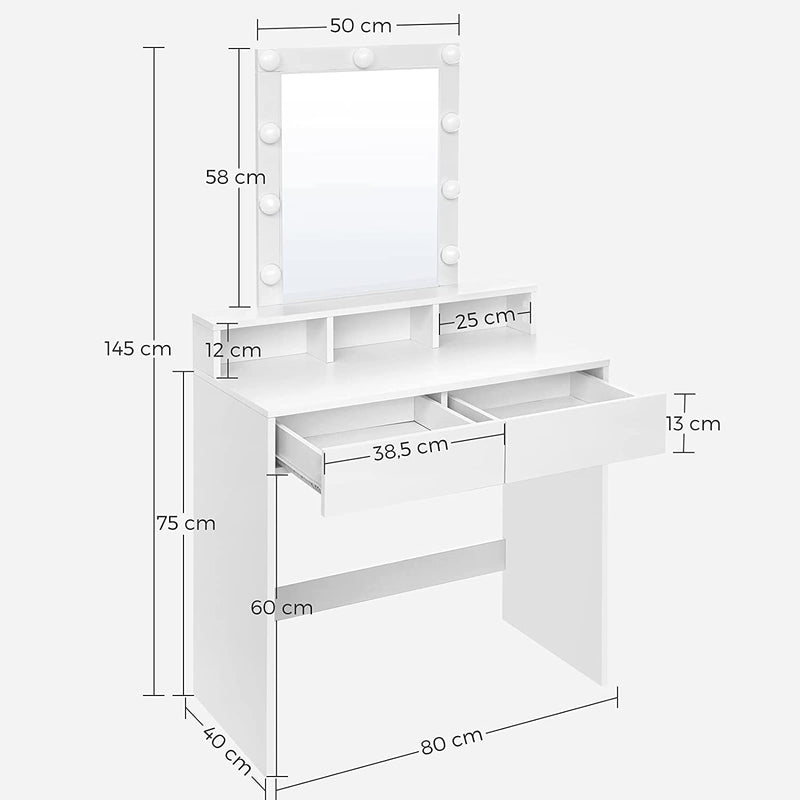 kaptafel make up tafel met spiegel en gloeilampen, cosmetische tafel met 2 lades en 3 open vakken, 80 x 40 x 145 cm wit RDT114W01
