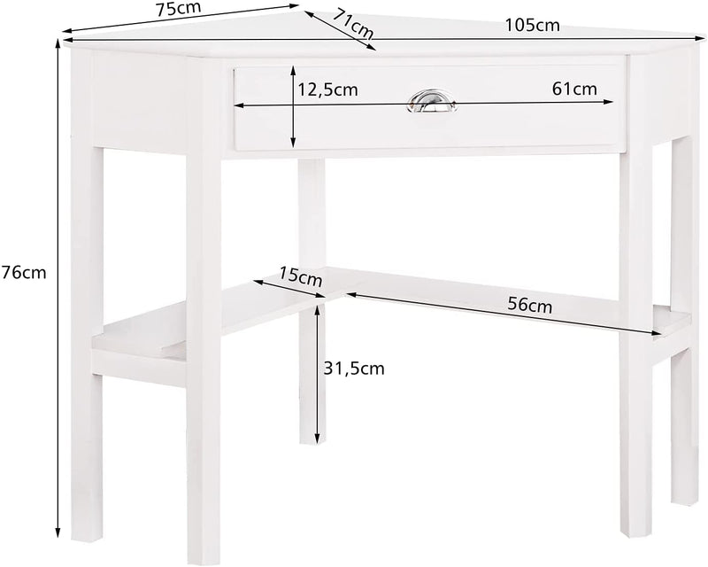 Bureau, Hoekbureau, Houten L-vormig computerbureau, Compacte Schrijftafel met Lade & Planken, Ruimtebesparend Werkstation, Laptop PC hoek Tafel Meubilair voor thuiskantoor (Wit)