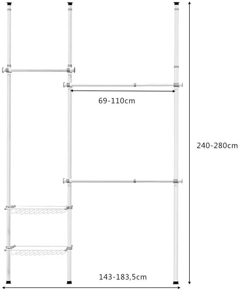 Verstelbare kledingrek, vloer tot plafond klerenrailsysteem met opbergmanden, garderobesysteem met innerlijke lente, telescopische opbergsysteem voor de woonkamer, slaapkamer