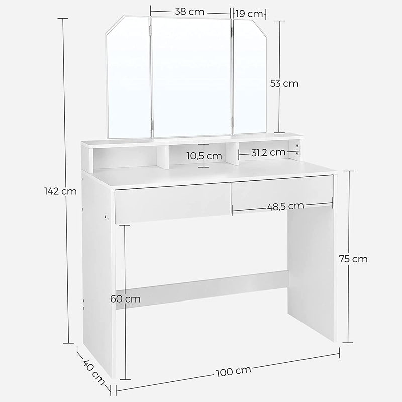 Kaptafel, kaptafel met opklapbare spiegel en 2 laden, cosmetische tafel met 3 open compartimenten, kaptafel, voor make-up, modern, wit RDT115W01