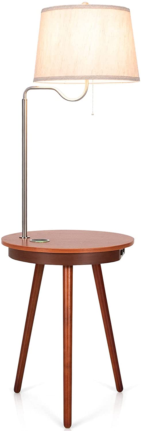 Staande lamp bijzettafel, 3-in-1 staande lampen, stoffen lampekap & houten bijzettafel, inclusief USB oplaadpoort, 220V stopcontact & draadloze oplader,