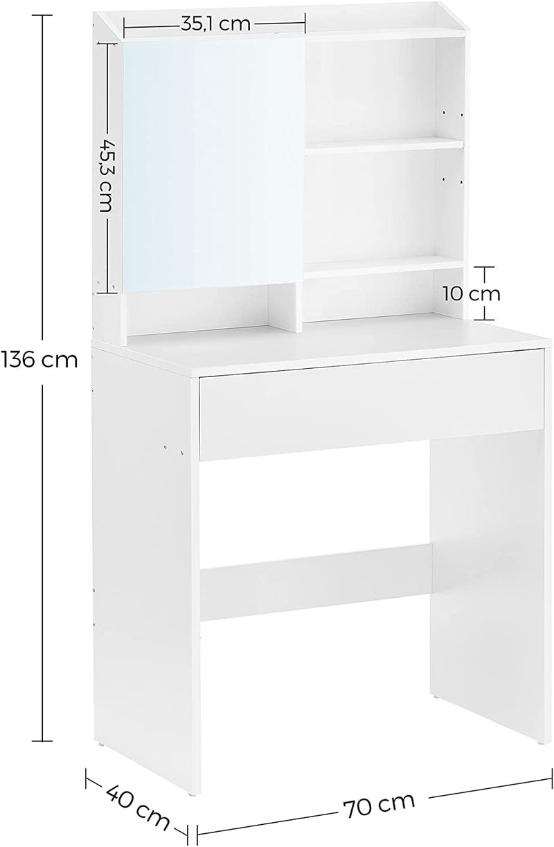 kaptafel, make up tafel met spiegel en een lade, verstelbare planken, 70 x 40 x 136 cm, wit RDT118W01