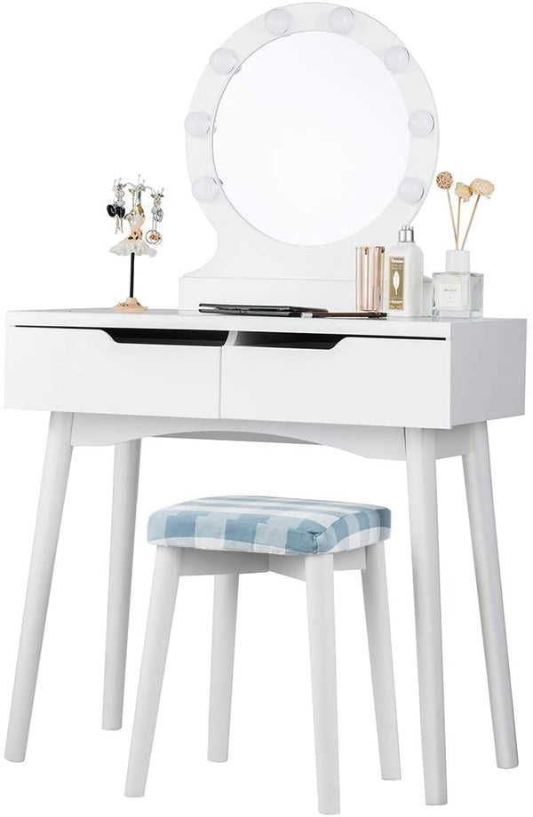Kaptafel met 8 LED-lampen en aanraakschakelaar regelbare helderheid, kaptafel met spiegel, make-up tafel met 2 schuifladen, grote ronde spiegel, gedempte kruk, voor slaapkamer (Wit)