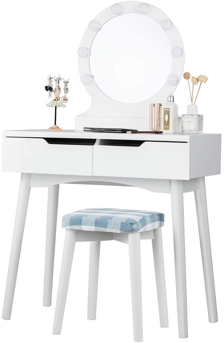 Kaptafel met 8 LED-lampen en aanraakschakelaar regelbare helderheid, kaptafel met spiegel, make-up tafel met 2 schuifladen, grote ronde spiegel, gedempte kruk, voor slaapkamer (Wit)