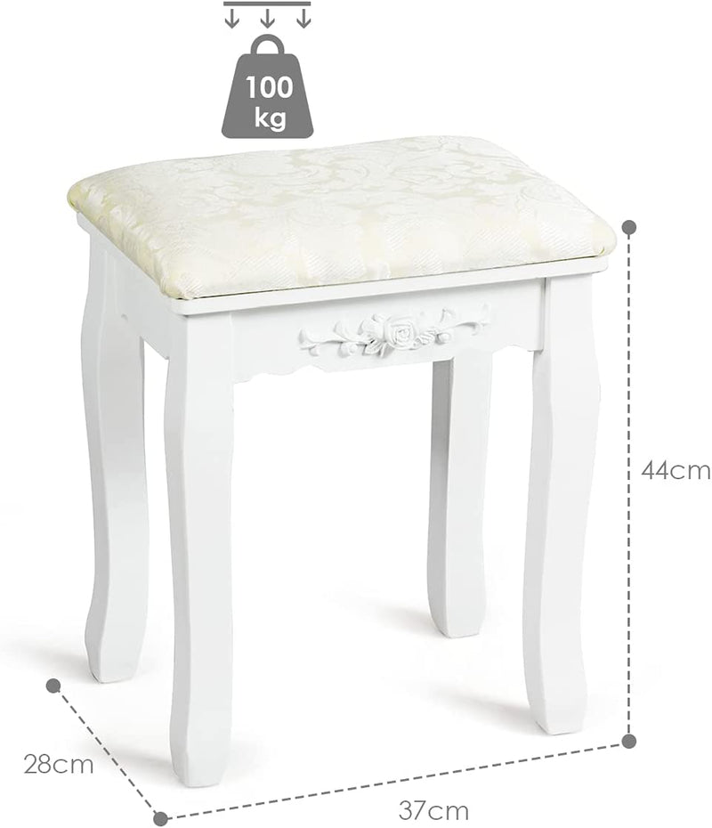 Houten kruk voor make-up, kaptafel stoel, make-up kruk met zacht gevoerde zitting, mooie patronen en delicaat houtsnijwerk, massief houten poten, 100 kg gewichtscapaciteit (Wit)