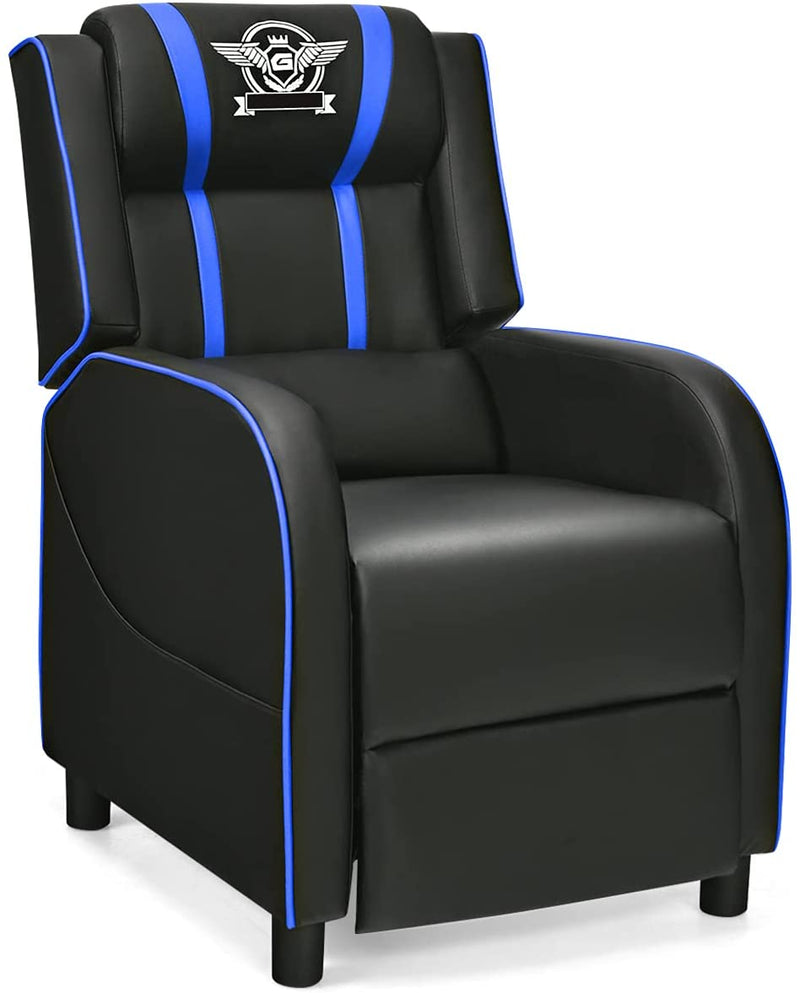 Gaming leunstoel fauteuil, PU lederen enkele leunstoel relaxstoel, verstelbare moderne woonkamer ligstoel, televisiestoel met voetsteun en lumbaal kussen, thuisbioscoop zittingen (Blauw)