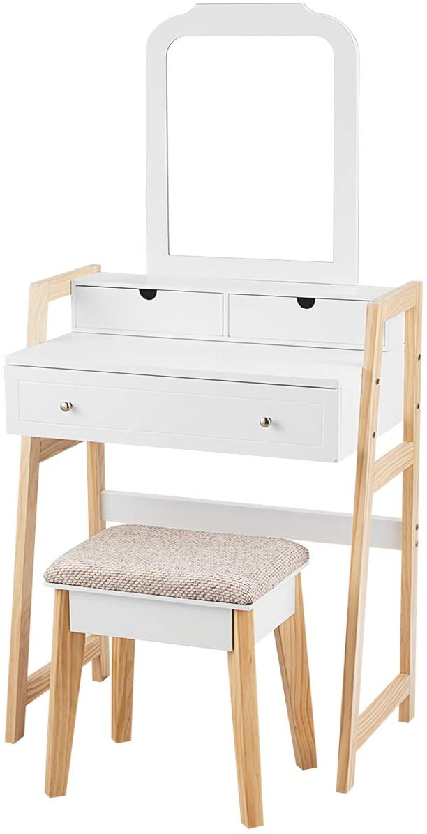 kaptafel set, make-up Ijdelheidstafel met 3 lades en 2-laags tafelblad, Cosmetische organisator met grote spiegel en gedempte kruk, slaapkamer- en studeerkamer meubilair voor vrouwen en meisjes