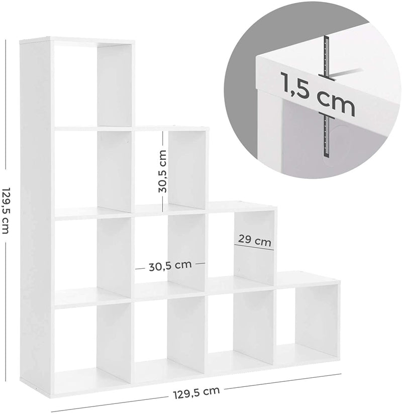 Boekenkast, trappen, 10 kubusvakken, tentoonstellingsrek van hout, vrijstaand rek, ruimteverdeler, wit LBC10WTV1