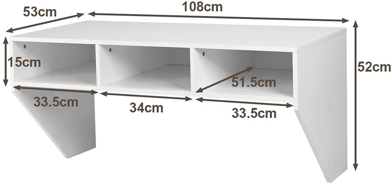 Muur gemonteerd  computerbureau, hout PC werken studietafel computertafel bureau met 3 opbergplanken voor slaapkamer, woonkamer, 108 x 53 x 52cm (Wit)