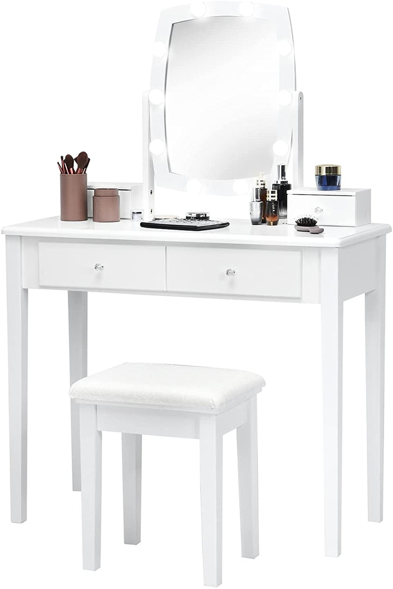 Make-up tafel met 360 graden draaibare verlichte spiegel, kaptafel en krukje met 4 opberglades, 10 dimbare LED lampen, kussen, kaptafel set voor kleedkamer, slaapkamer (Wit)