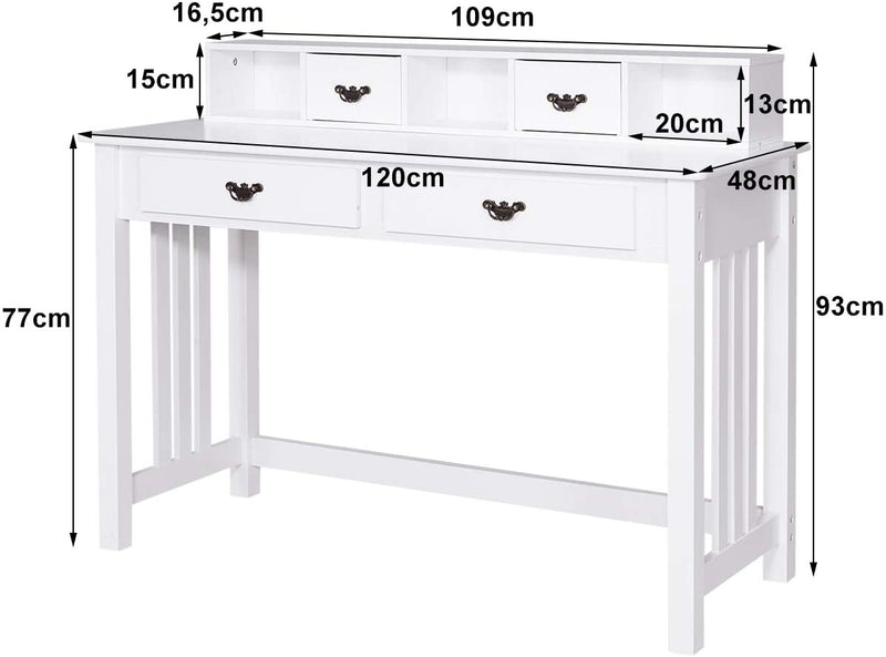 Bureau, schrijfbureau met 4 laden, werktafel, computer bureau, computertafel, 120 x 48 x 93cm, thuiskantoor computer ruim werkstation, massief dennenhouten poten, wit