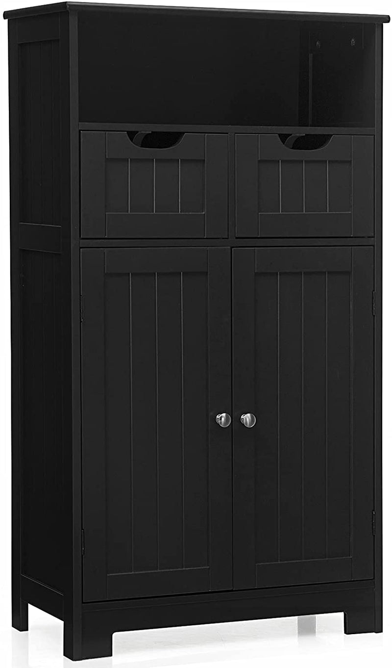 Badkamerkast vloerkast, opbergkast met een open plank, twee deuren en twee verstelbare laden, staande badkamerkast voor keuken, badkamermeubel voor woonkamer, badkamer, slaapkamer (Zwart)