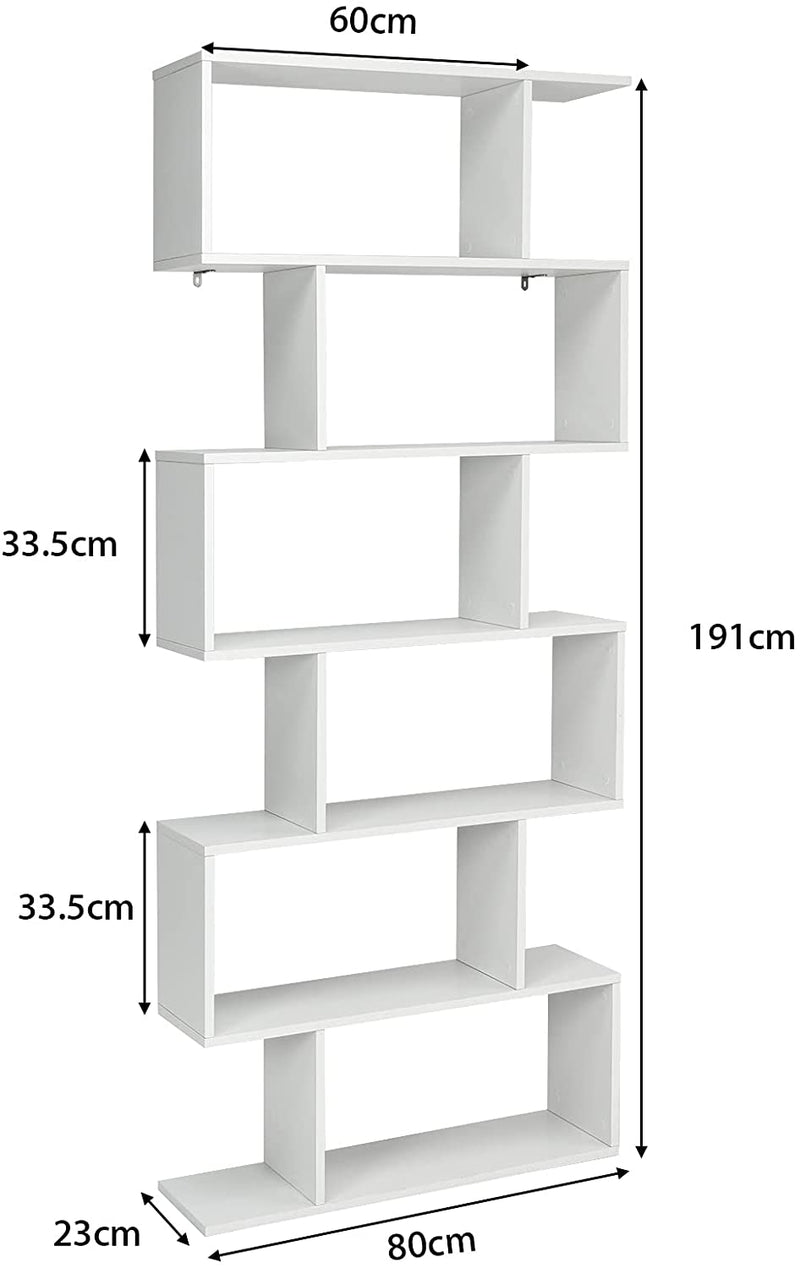 6-Laags boekenkast, vrijstaande S-vormige boekenplank met anti-kantelbeveiliging,  (Wit)