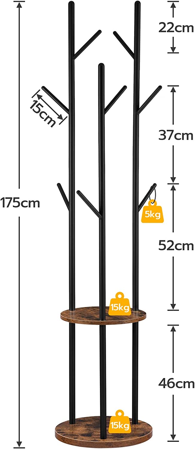 Kapstok, vrijstaand kledingrek, garderobe in boomvorm met 8 haken, 2 ronde planken, voor kleding, hoed, tas, woonkamer, slaapkamer, kantoor, donkerbruin-zwart