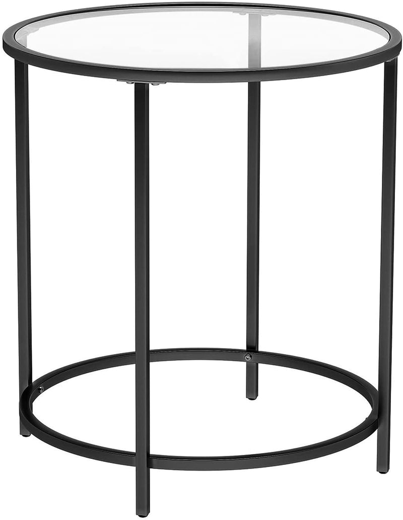 Bijzettafel rond, kleine salontafel, glazen tafel met metalen frame, nachtkastje, sofatafel, balkon, gehard glas, zwart LGT020B01