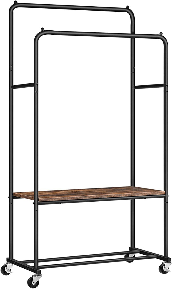 Kledingrek, dubbele hengel, kapstok met wielen en planken, tot 70 kg belastbaar, industrieel design, voor slaapkamer, hal, donkerbruin-zwart