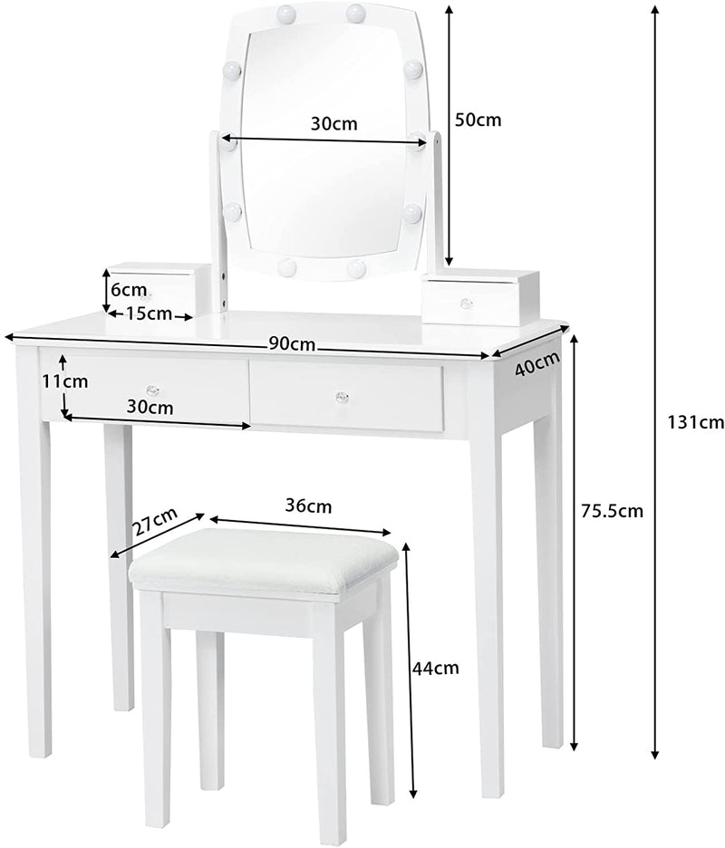 Make-up tafel met 360 graden draaibare verlichte spiegel, kaptafel en krukje met 4 opberglades, 10 dimbare LED lampen, kussen, kaptafel set voor kleedkamer, slaapkamer (Wit)