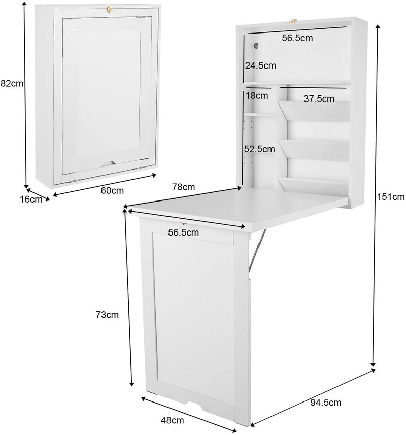 Muur gemonteerde tafel, uitklapbare multifunctionele computer bureau, converteerbare bureau schrijftafel thuiskantoor hout converteerbare bureautafel, grote opslagruimte (Wit)