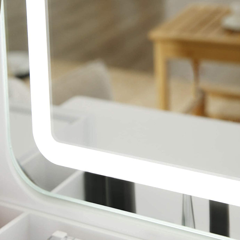 kaptafel met LED-verlichting in 3 kleuren, make up tafel met spiegel en 5 laden, kaptafel met kruk,80 x 40 x 137.5 cm wit RDT25WL