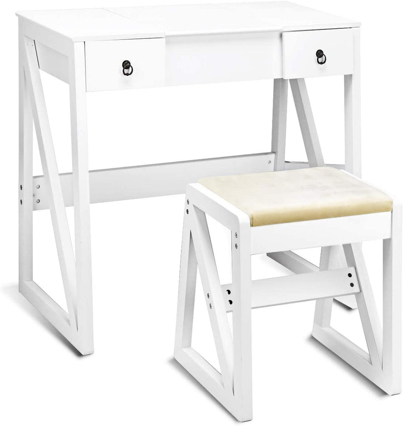 Kaptafel met opklapbare spiegel,  make-up kaptafel, bureau met dempende make-up krukset, 2 lades