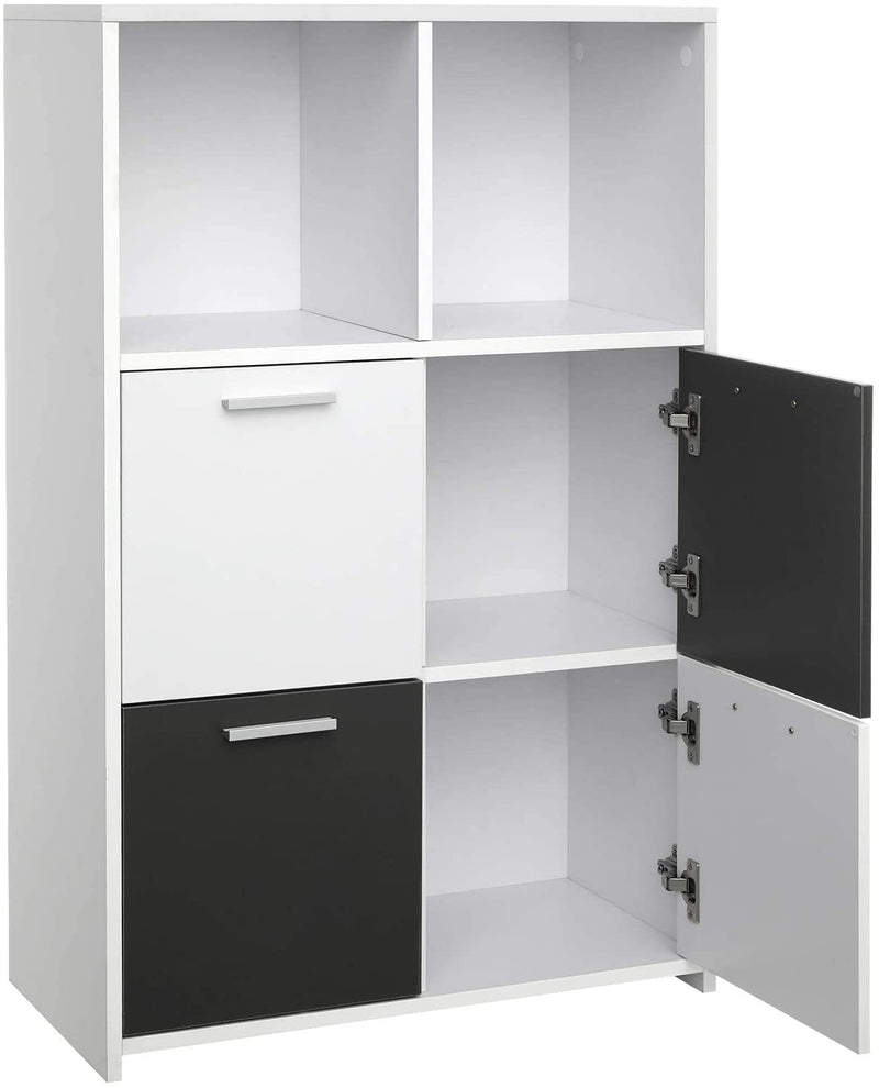 Boekenplank met 6 vakken, staande plank, boekenkast met 4 deuren, opbergkast, modern, wit-grijs LBC28WG