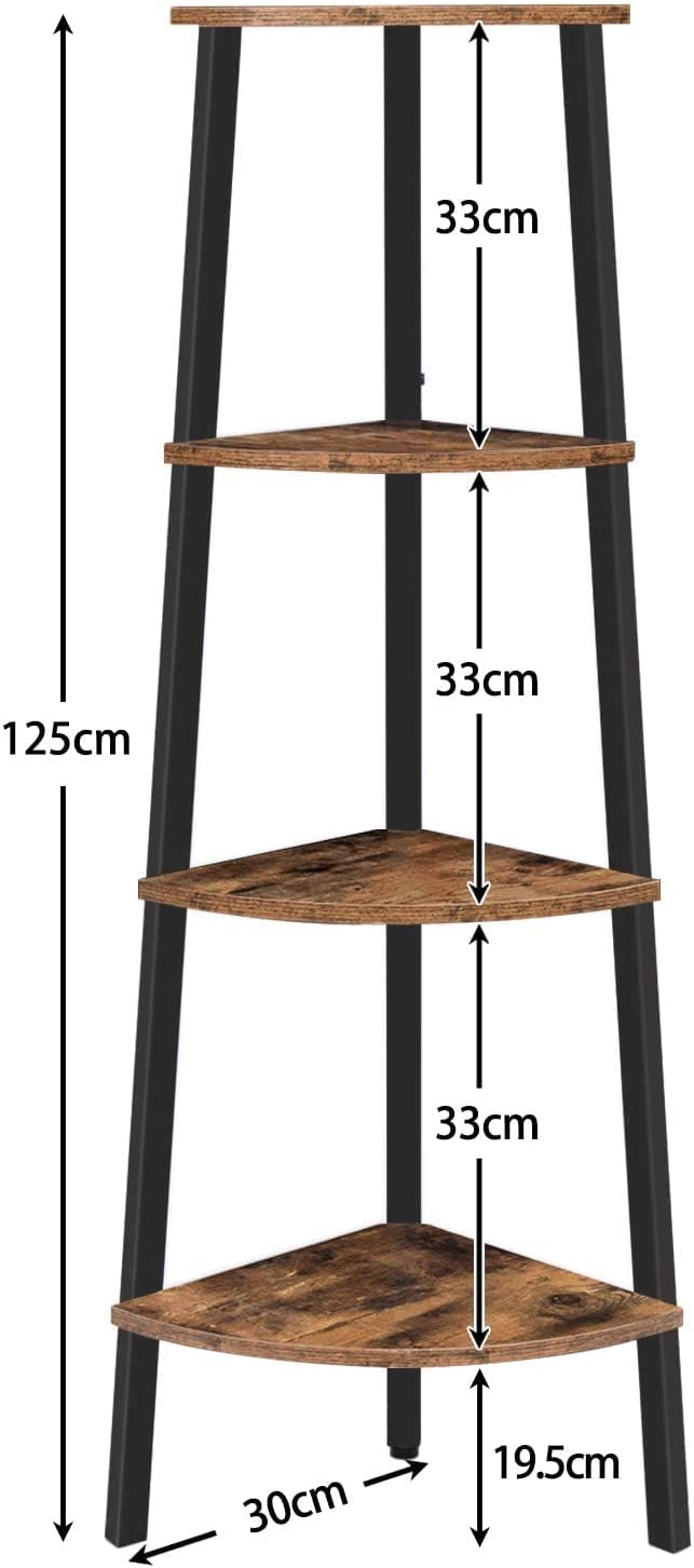 Hoekrek, staand rek, boekenkast met 4 planken, ladder-rek, stabiel stalen frame voor woonkamer, kantoor, ruimtebesparend, vintage EBF41CJ01