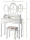 Kaptafel met opvouwbare spiegels, elegante make-up tafel en kussen set met 7 lades en open plank, kaptafel set voor thuis, appartement (Wit)