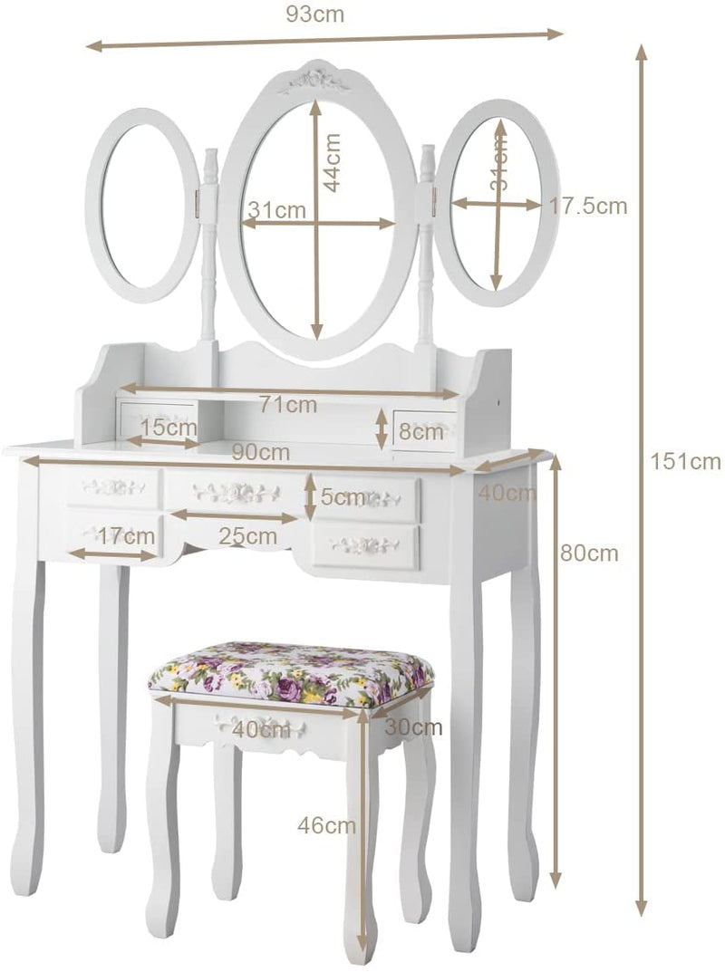 Kaptafel met opvouwbare spiegels, elegante make-up tafel en kussen set met 7 lades en open plank, kaptafel set voor thuis, appartement (Wit)