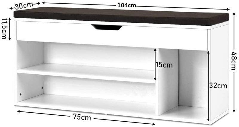 Schoenenbank, houten schoenen opbergbank met kussen, schoenenrek bank met opheffen bovenste compartiment, 104 x 30 x 48cm (Wit)