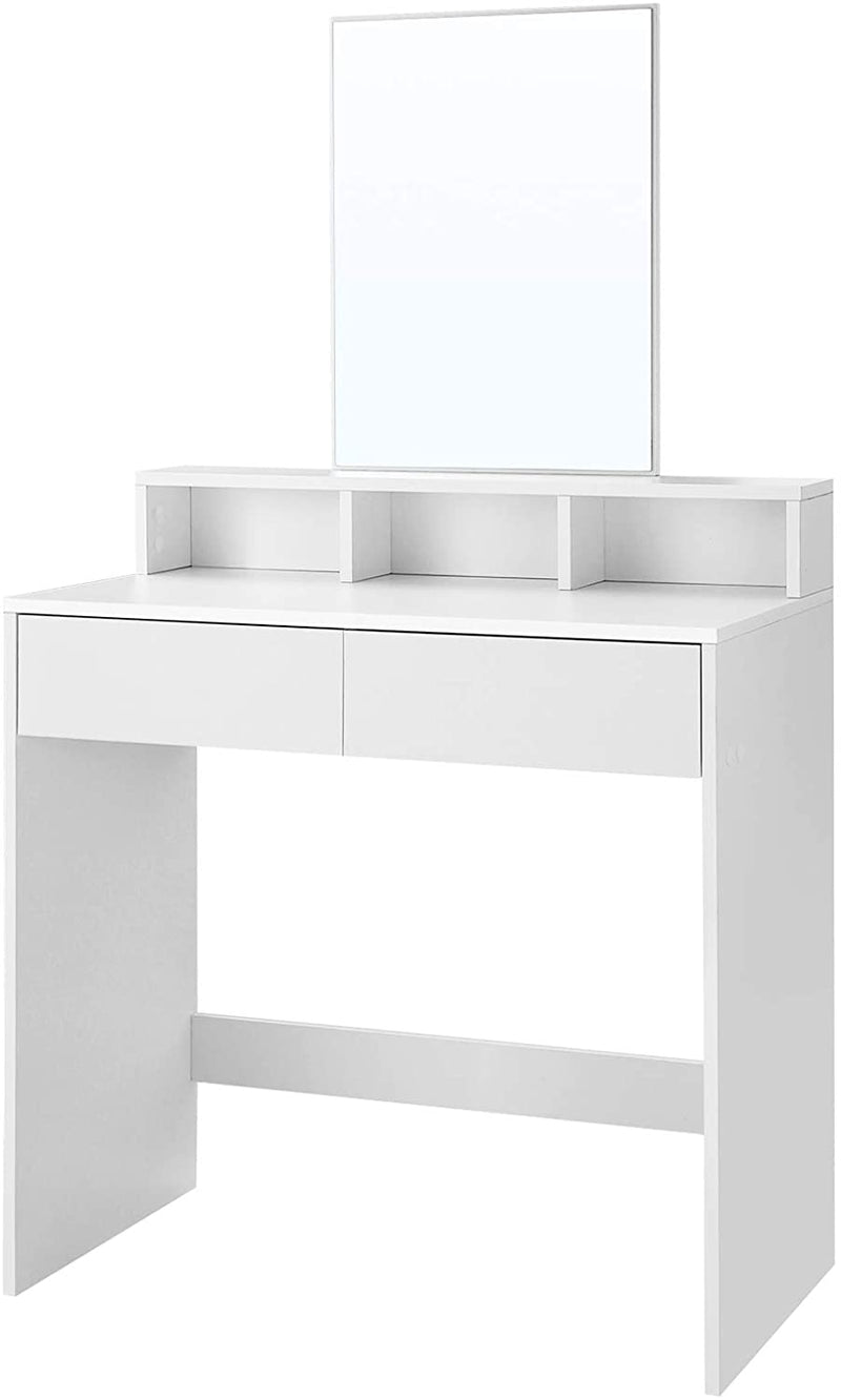 Kaptafel met rechthoekige spiegel en 2 lades, make up tafel met 3 open vakken, kaptafel, 80 x 40 x 140 cm, wit RDT113W01