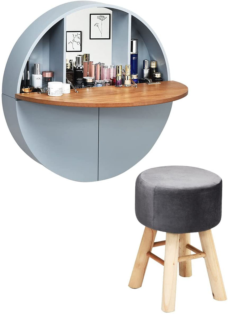 Wandmontage ronde kaptafel set, ronde zwevende kaptafel met uitklapbaar tafelblad, kaptafel kast met 7 compartimenten en spiegel, ronde kast voor kleine ruimte (Grijs)