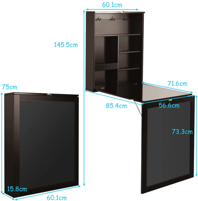 Aan de muur gemonteerde tafel, uitklapbaar bureau met schoolbord / krijtbord, multifunctioneel schrijfbureau voor op de computer, kantoor aan huis, (Bruin)