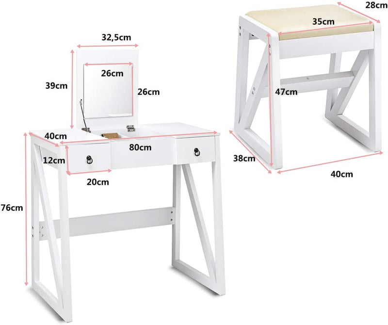 Kaptafel met opklapbare spiegel,  make-up kaptafel, bureau met dempende make-up krukset, 2 lades