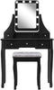 Kaptafel set met rechthoekige spiegel en gedempte kruk, make-up tafel met 10 LED-dimbare gloeilampen, met 5 laden(Zwart)