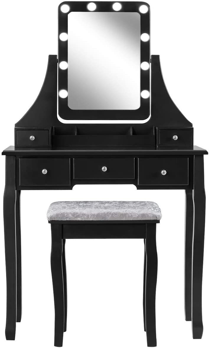 Kaptafel set met rechthoekige spiegel en gedempte kruk, make-up tafel met 10 LED-dimbare gloeilampen, met 5 laden(Zwart)