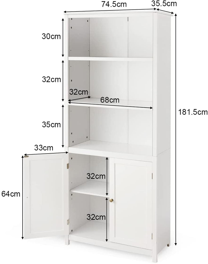 3-Planken boekenkast, staande boekenplank met dubbele deuren, opbergkast met 3 lagen , 74,5 x 35,5 x 181,5 cm (Wit)