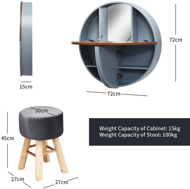 Wandmontage ronde kaptafel set, ronde zwevende kaptafel met uitklapbaar tafelblad, kaptafel kast met 7 compartimenten en spiegel, ronde kast voor kleine ruimte (Grijs)