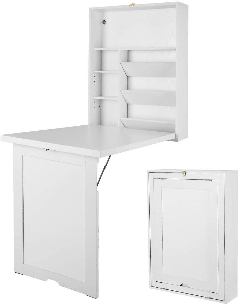 Muur gemonteerde tafel, uitklapbare multifunctionele computer bureau, converteerbare bureau schrijftafel thuiskantoor hout converteerbare bureautafel, grote opslagruimte (Wit)