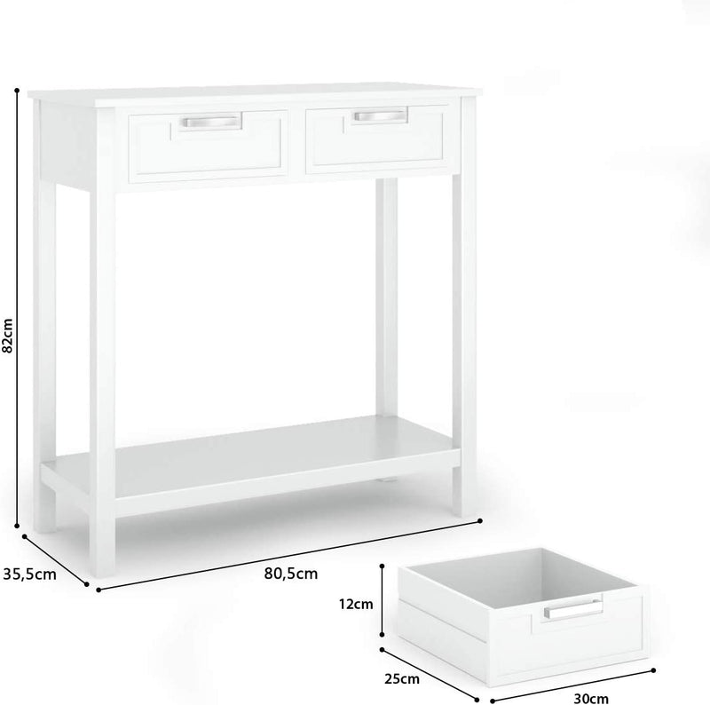 Console tafel,  met 2 lades en onderplank,   Ingangstafel met Massief houten poten