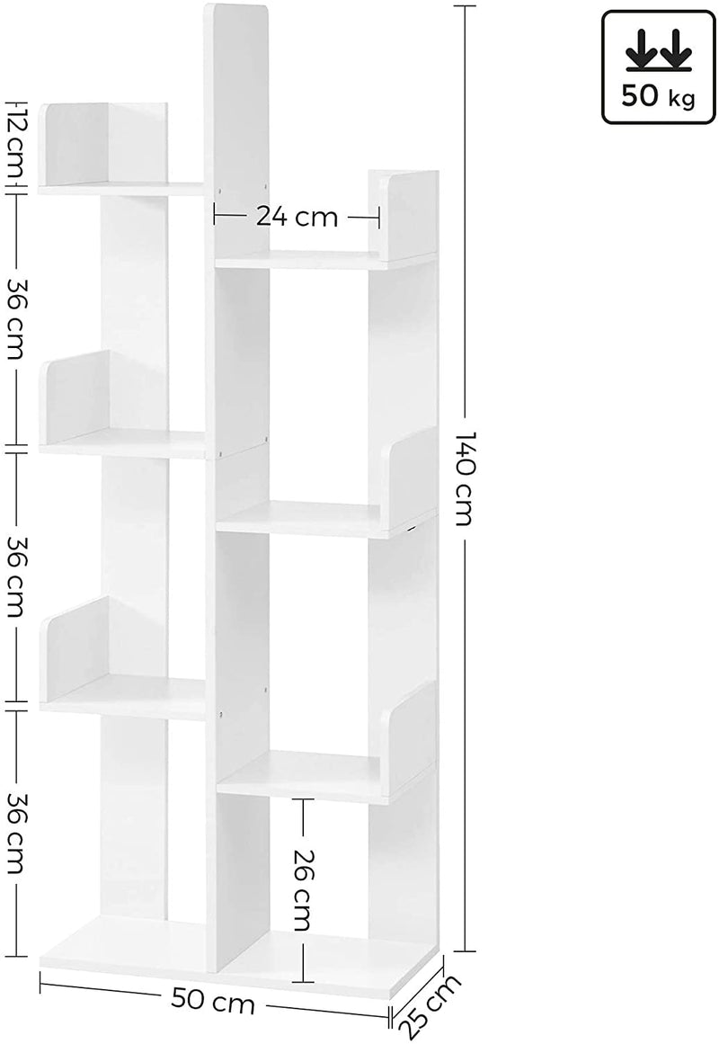 Boekenplank in boomvorm, staande plank met 8 vakken, legplank, 50 x 25 x 140 cm, met afgeronde hoeken, wit LBC066W01