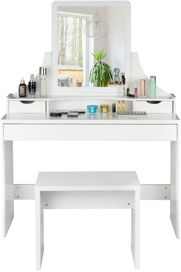 Kaptafel, make-up tafel met spiegel en kruk, houten kaptafel, kaptafel met 3 laden